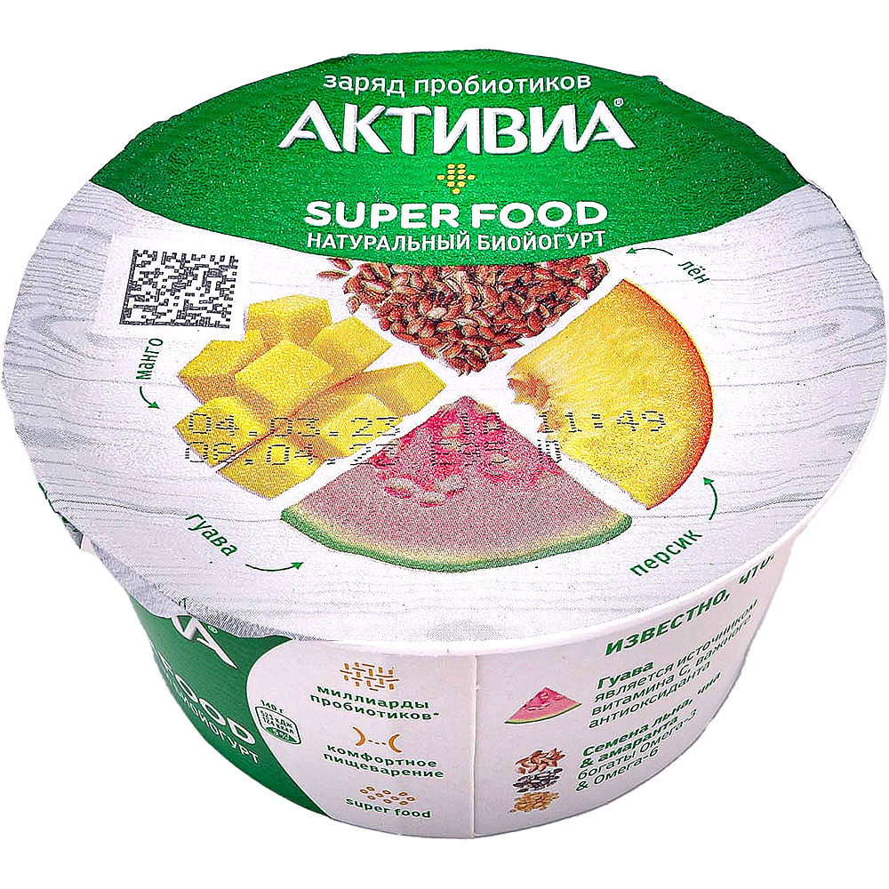 Активиа биойогурт Super food 135г персик манго/гуава/чиа/семена льна ...