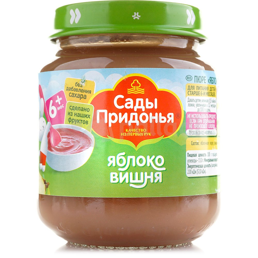 Пюре Сады Придонья 120мл яблоко/вишня с 6 месяцев купить за 62 руб. с  доставкой на дом в интернет-магазине «Palladi» в Южно-Сахалинске