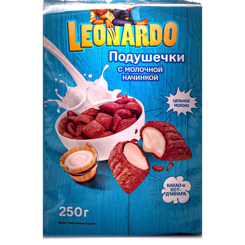 Сухой завтрак Leonardo 250г подушечки с молочной начинкой купить за 134  руб. с доставкой на дом в интернет-магазине «Palladi» в Южно-Сахалинске