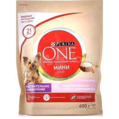 Корм для собак PURINA ONE 600г для собак мелких пород при чувствительном пищеварении лосось/рис