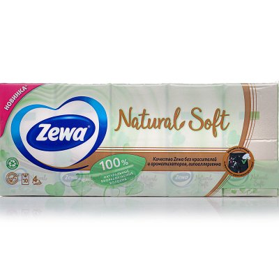 Платочки бумажные ZEWA  Natural Soft  4-х слойные 1упаковка (10 пачек) Kids