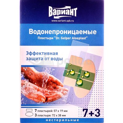 Медицинский пластырь водонепроницаемые №10 57х19мм (7шт); 72х38мм(3шт) Вариант Dr.Gelper Aloeplast