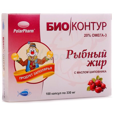 Рыбий жир Omega3 100 капсул 330 мг с маслом шиповника БИО КОНТУР