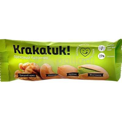 Батончик ореховый Krakatuk 30г с фисташками, кешью, грецким орехом и арахисом