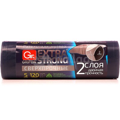 Пакеты для мусора GRIFON 120л 5шт 2 слоя сверхпрочные 101-076 (1/25)