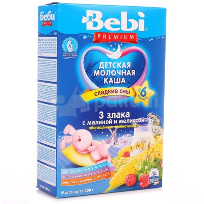 Каша Bebi премиум 200г молочная 3 злака с малиной и мелисой с 6 месяцев