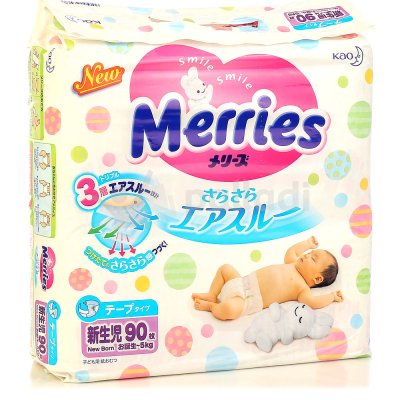 УД Подгузники MERRIES для новорожденных 0-5кг 90шт (1/4)