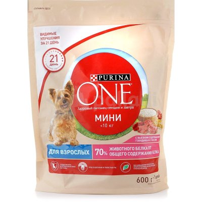 Корм для собак PURINA ONE 600г для взрослых собак мелких пород с говядиной и рисом 