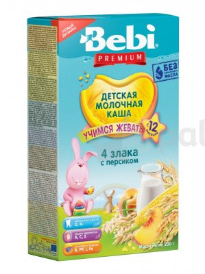 Каша Bebi премиум 200г молочная 4 злака с персиком с 12 месяцев