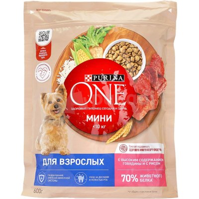 Корм для собак PURINA ONE 600г для взрослых собак мелких пород с говядиной и рисом 