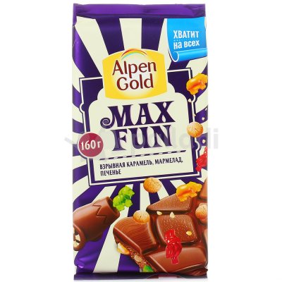 Шоколад Альпен Гольд МаксФан 160г взрывная карамель,мармелад,печенье