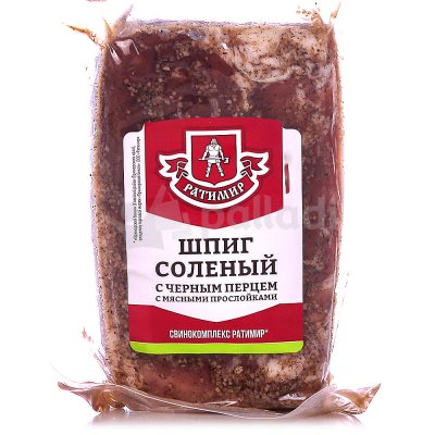 Шпиг Ратимир соленый с мясными прослойками 130г с черным перцем