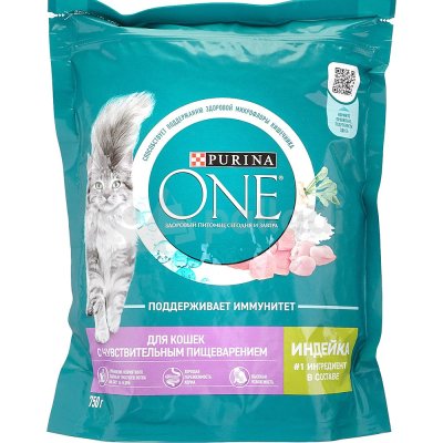 Корм Purina ONE 750г для кошек с чувствительным пищеварением с индейка с рисом