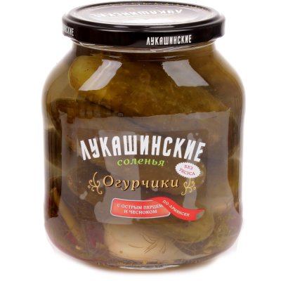 Огурцы Лукашинские 670г соленые с острым перцем и чесноком ст/б