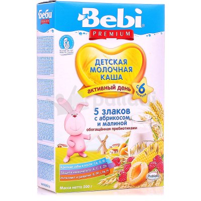 Каша Bebi премиум 200г молочная 5 злаков с абрикосом и малиной с 6 месяцев