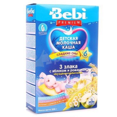 Каша Bebi премиум 200г молочная 3 злака с яблоком и ромашкой с 6 месяцев