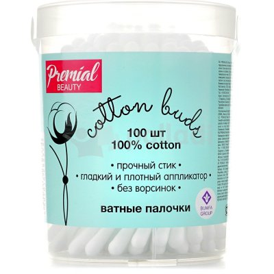 Палочки ватные Premial 100шт пластиковая банка