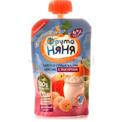 Пюре Фруто Няня 90г яблоко/груша/банан/персик  с йогуртом с 6 месяцев м/у