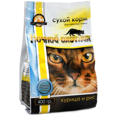 Сухой корм для взрослых кошек курица и рис 400 гр. Ночной охотник