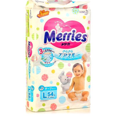 Подгузники MERRIES для детей L 9-14кг 54шт (1/4)
