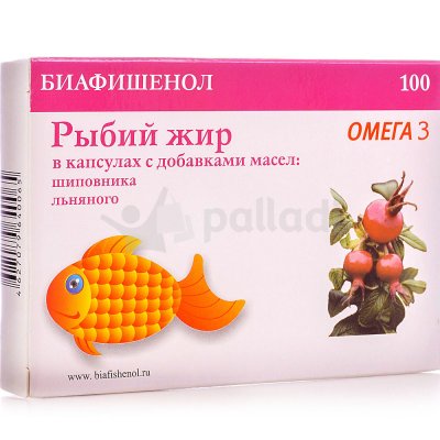 Рыбий жир Omega3 100 капсул с маслом шиповника и льня Биафишенол 