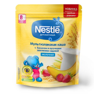 Каша  Нестле 220г молочная мультизлаковая с бананом и кусочками земляники с 8 месяцев м/у