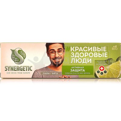 Зубная паста без фтора SYNERGETIC 100мл активная защита лайм+мята