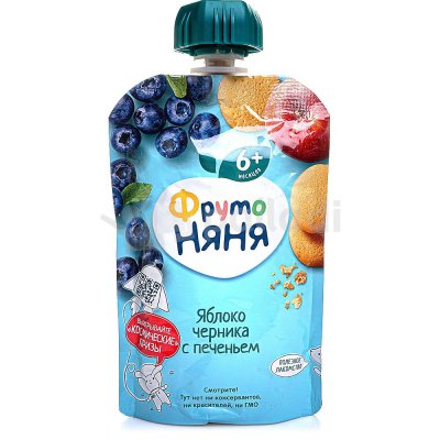 Пюре Фруто Няня 90г яблоко/черника с печеньем м/у