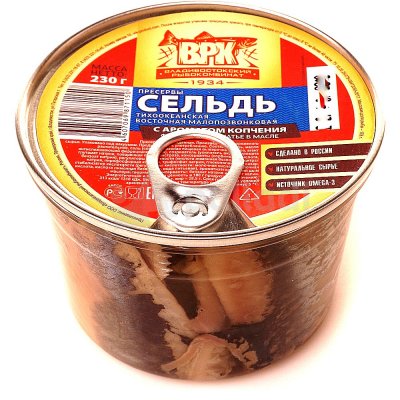 Сельдь филе-кусочки в масле с ароматом копчения  230г Владивостокский Рыбокомбинат