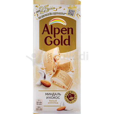 Шоколад Альпен Гольд 85г белый миндаль и кокос