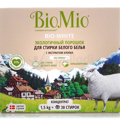 ЭКО стиральный порошок BIO MIO BIO-WHITE для белого белья концентрат 1,5кг (1/8)